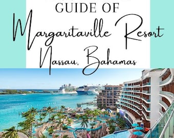 May include: A Complete Guide of Margaritaville Resort Nassau, Bahamas. The image shows a resort with a pool, water slides, and palm trees. Cruise ships are docked in the turquoise water. The sky is blue with a few clouds.