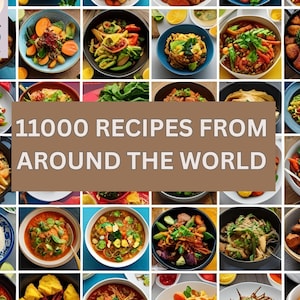 Könnte beinhalten: Eine Collage verschiedener Gerichte aus aller Welt. Das Bild zeigt ein braunes Banner mit dem Text "11000 REZEPTE AUS ALLER WELT". Die Gerichte befinden sich in Schalen und auf Tellern und zeigen eine Vielzahl von Zutaten und Farben.