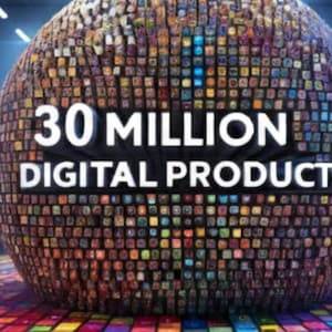 Op de afbeelding: Een groot, bolvormig object bestaande uit talrijke kleine, kleurrijke vierkantjes. De tekst "30 MILLION DIGITAL PRODUCTS" staat prominent in witte letters. De achtergrond toont een kleurrijke, gepixelde vloer.