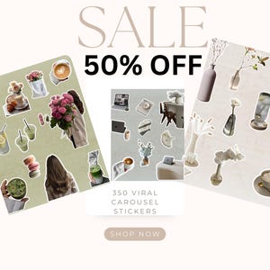 Op de afbeelding: Een advertentie voor 350 virale carrouselstickers, met 50% korting. De stickers bevatten verschillende esthetische afbeeldingen, waaronder drankjes, bloemen en laptops. De tekst "SHOP NOW" is ook opgenomen.