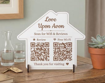 Airbnb WiFi Sign with QR Code | Wood Google Review Stand | Custom Holiday Let Welcome Sign | VRBO Host Gift & Guest House Decor