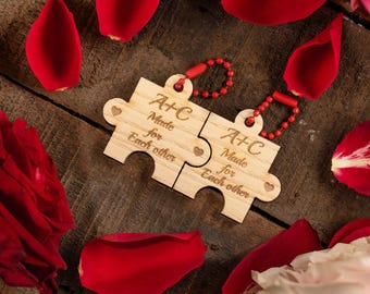 Matching keychains, personalised set for couples, engraved wooden love puzzle, Valentine's Day keepsake