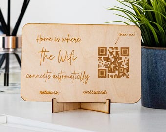Personalized Wooden WiFi QR Code Sign: Laser Engraved Plywood Plaque