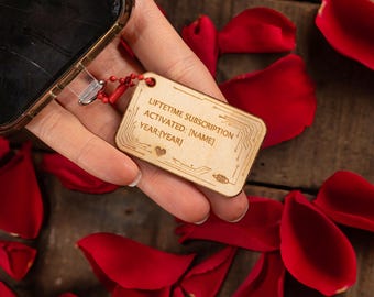 Phone charm, personalised wooden keychain, engraved love token, anniversary keepsake, Valentine’s Day gift