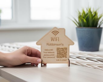 Personalised Wooden Sign with QR Code | Free Standing, WiFi Password Plaque