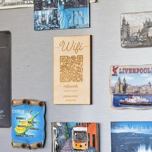 Può includere: Una collezione di calamite da frigorifero a tema viaggio, tra cui un cartello in legno con "Wifi" e un codice QR. Altre calamite raffigurano paesaggi urbani e mappe, attaccate a una porta del frigorifero argentata.