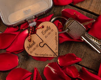 Matching keyrings, love gift, you complete me, engraved names, romantic keepsake