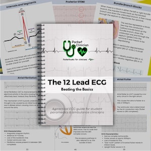 May include: A spiral-bound medical reference book titled The 12 Lead ECG Beating the Basics, featuring a white cover with a green stethoscope and heart logo, black text, and a background of various electrocardiogram rhythm strips and diagrams.