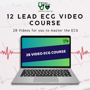 May include: A laptop computer with a green and blue screen displaying the text "28 VIDEO ECG COURSE". The laptop is on a white background with a red EKG line.