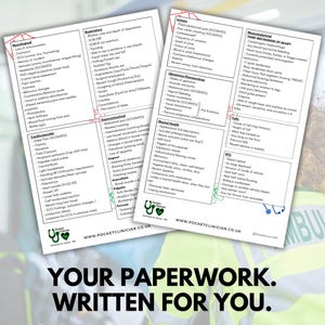 May include: Two white Pocket Clinician reference sheets with medical information, including neurological, respiratory, and cardiovascular assessments. The text "YOUR PAPERWORK. WRITTEN FOR YOU." is at the bottom.