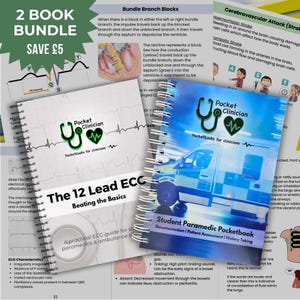 May include: Two spiral-bound medical reference books titled The 12 Lead ECG Beating the Basics and Student Paramedic Pocketbook. The covers feature the Pocket Clinician logo, an ambulance graphic, and medical text. A green starburst says 2 BOOK BUNDLE SAVE £5.