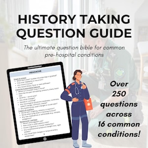 May include: An illustration of a medical guide titled "HISTORY TAKING QUESTION GUIDE" with a medical professional and a tablet displaying headache questions. The guide covers over 250 questions across 16 common conditions.