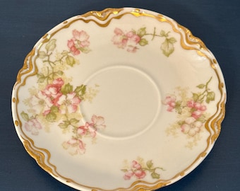 Antique Limoges Haviland Saucer – Pink Floral & Gold Trim – French Porcelain