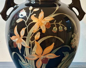 Vintage Fine China Japan Black Enamel Vase with Hand-Painted Floral Design – Gold Accents – Large Ornate Japanese Porcelain Vase