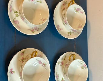 Antique Haviland & Co. Limoges France pink rose teacup and saucer set of 4 – gold handles, fine porcelain, vintage French china