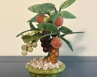Handmade Gemstone Fruit Tree | Crystal Bonsai with Jade Leaves & Stone Grapes | Feng Shui Decorative Tree in Green Stone Pot