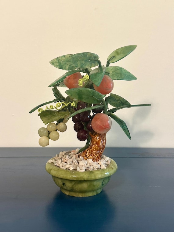 Handmade Gemstone Fruit Tree | Crystal Bonsai with Jade Leaves & Stone Grapes | Feng Shui Decorative Tree in Green Stone Pot
