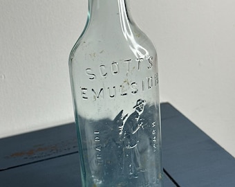Antique Scott’s Emulsion bottle with fisherman & codfish graphic, aqua glass, 7 inch embossed cod liver oil bottle, vintage apothecary