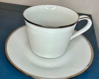 Noritake Pilgrim 6981 Cup and Saucer • White China with Platinum Trim • Vintage Japan Tableware