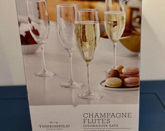 Threshold Champagne Flutes – Set of four 8 oz Glasses Dishwasher Safe Elegant Drinkware for Toasts, Weddings, and Celebrations New in Box