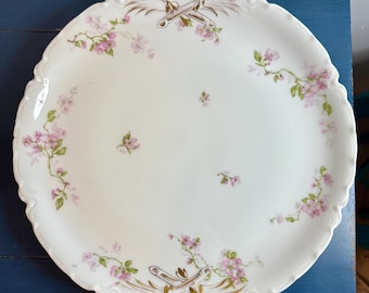 Haviland Limoges France 12” Serving Platter, Schleiger 31 Pink Floral & Gold Laurel Design, Antique French Porcelain
