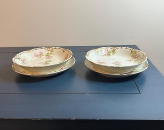 Antique Haviland Limoges Schleiger 42a berry bowls and saucers set, pink roses, gold trim, French porcelain, dessert service dishes
