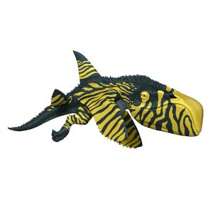 May include: A stylized, yellow and black creature with a fin, wings, and a long tail. The creature's body is primarily yellow with black stripes, and the head and tail are black. The wings are spread out, and the creature appears to be in motion.