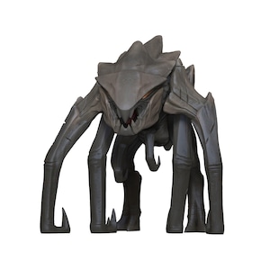 Könnte beinhalten: Eine grau-stilisierte Kreatur mit stacheligem Kopf, scharfen Krallen und mehreren Beinen. Die Kreatur hat einen bedrohlichen Ausdruck mit sichtbaren Zähnen und orangefarbenen Augen. Das Design deutet auf ein Monster- oder Alien-Thema hin.