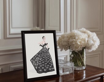 Kunstafdruk | Vintage couture mode-illustratie | Sparkle in Dior, originele kunst van Elizabeth Lamb Szekely