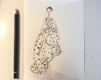 Originele aquarel mode-illustratie | Balenciaga 1958 Haute Couture-kunst A5