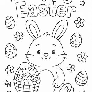 May include: A black and white colouring page featuring a bunny rabbit holding a basket of Easter eggs. The text "Happy Easter" is at the top of the page.