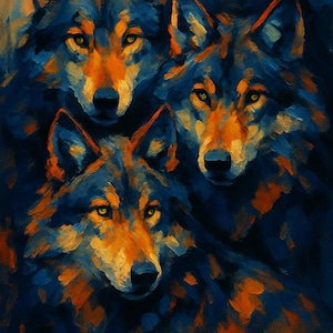 May include: A painting of three wolves with blue and orange fur. The wolves are looking directly at the viewer. The painting is done in a painterly style with visible brushstrokes.