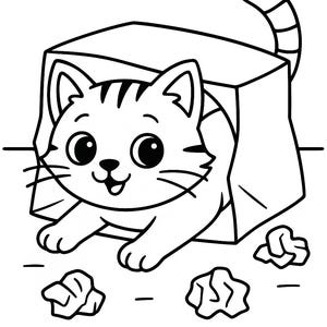 May include: A black and white line drawing of a cat peeking out of a box. The cat has a striped tail and is looking at the viewer. There are crumpled pieces of paper on the ground around the box.