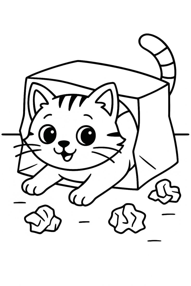 May include: A black and white line drawing of a cat peeking out of a box. The cat has a striped tail and is looking at the viewer. There are crumpled pieces of paper on the ground around the box.