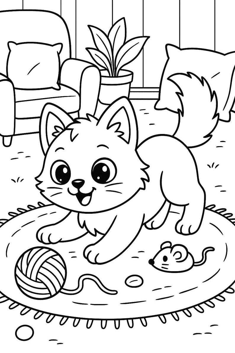 May include: A black and white line drawing of a cat playing with a ball of yarn and a toy mouse on a rug. The cat is sitting on its hind legs and has its front paws outstretched. The cat has large eyes and a happy expression. The rug has a fringe border.