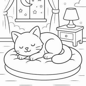 May include: A black and white line drawing of a cat sleeping on a round pillow. The cat is curled up with its paws tucked under its chin. The cat is in a room with a window and a nightstand with a lamp. The window has a crescent moon and stars in it.