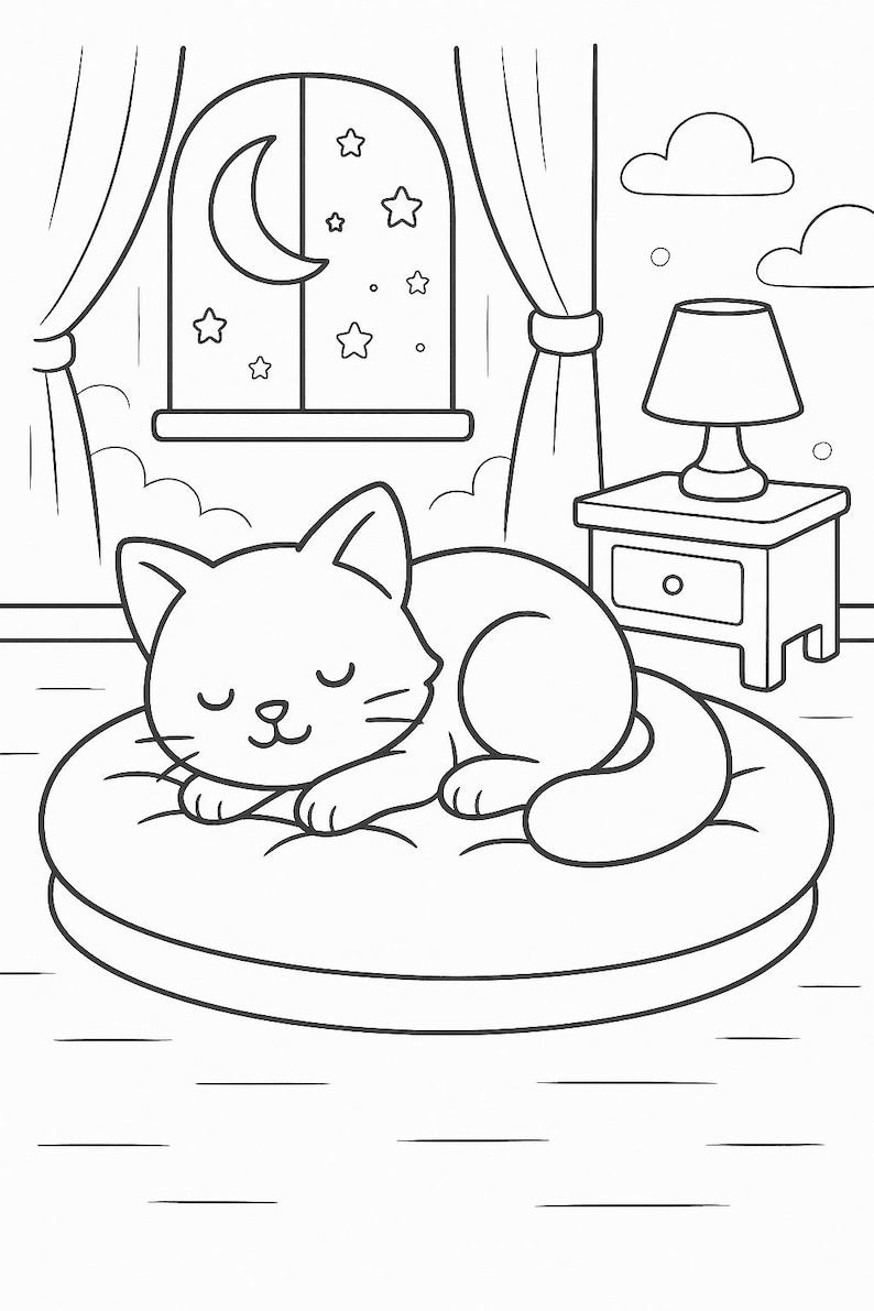 May include: A black and white line drawing of a cat sleeping on a round pillow. The cat is curled up with its paws tucked under its chin. The cat is in a room with a window and a nightstand with a lamp. The window has a crescent moon and stars in it.