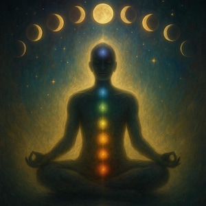 May include: An artistic illustration of a person meditating in the lotus position, with a glowing aura and seven chakra points. Above the person's head are phases of the moon, set against a starry, dark blue and gold background.