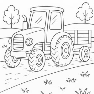 Op de afbeelding: Zwart-wit lijntekening van een tractor met aanhanger, tegen een achtergrond van wolken, bomen en gras. De tractor heeft grote banden en een cabine. Kleurplaat.