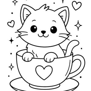 May include: A black and white line drawing of a cute cartoon cat sitting in a teacup with a heart on the side. The cat is surrounded by hearts and stars.
