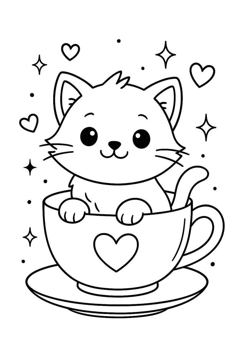 May include: A black and white line drawing of a cute cartoon cat sitting in a teacup with a heart on the side. The cat is surrounded by hearts and stars.