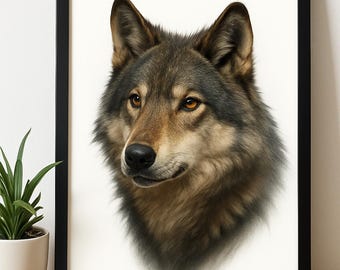 May include: A framed print of a wolf's head, showcasing detailed fur in shades of brown and grey, with amber eyes and a black nose. The artwork is set against a white backdrop and enclosed in a black frame. The print is displayed on a wooden surface.