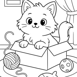 May include: A black and white line drawing of a cat sitting in a box. The cat has big eyes and a happy expression. The box is open and the cat is looking out of it. There is a ball of yarn, a fish toy, and a ball on the floor in front of the box.