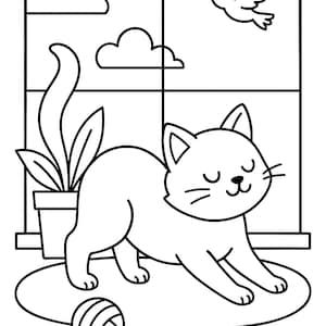 May include: A black and white line drawing of a cat stretching on a rug with a ball of yarn. The cat is looking out a window with a bird flying outside. There is a potted plant in the corner.