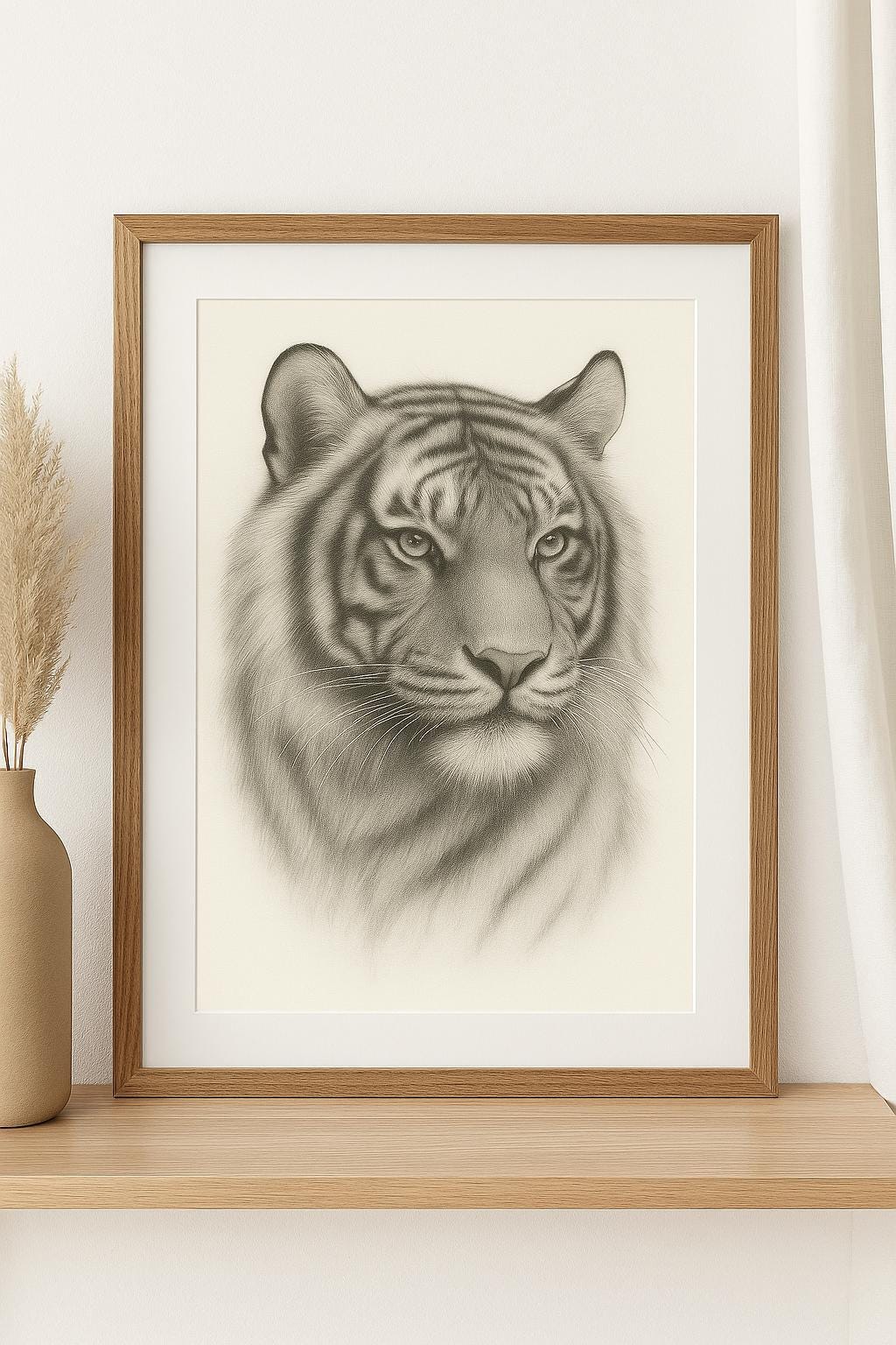 虎のリアルな鉛筆画フレーム付き定着スプレー済 リアルな虎の鉛筆画：野生動物のアートプリント（デジタルダウンロード