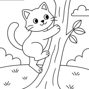 May include: A black and white line drawing of a cat climbing a tree. The cat has a happy expression on its face and is looking to the right. The tree has leaves and is rooted in the ground. There are clouds in the sky.