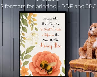 Honey Bee Wall Art | Beautiful Bee Decor | Honey Bee Wall Art for Home | Perfect Gift for Bee Enthusiasts | Motivational Quote | Printable