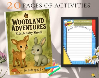 May include: A children's activity set featuring a book titled "Woodland Adventures" with a deer and rabbit illustration, and a framed page with fill-in-the-blank prompts. The book cover reads "20 Pages of Activities" and "for kids aged 3+". Colored pencils are included.