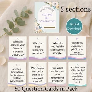 Peut inclure: Un jeu de 50 cartes de questions pour la thérapie du deuil, divisé en 5 sections. Les cartes comprennent des questions telles que « Quels sont vos souvenirs préférés avec eux ? » et « Qui vous a soutenu jusqu'à présent ? » Téléchargement numérique.