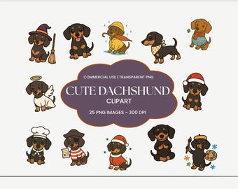 25 Cute Dachshund Clipart PNG Bundle, Commercial Use (Digital Download)